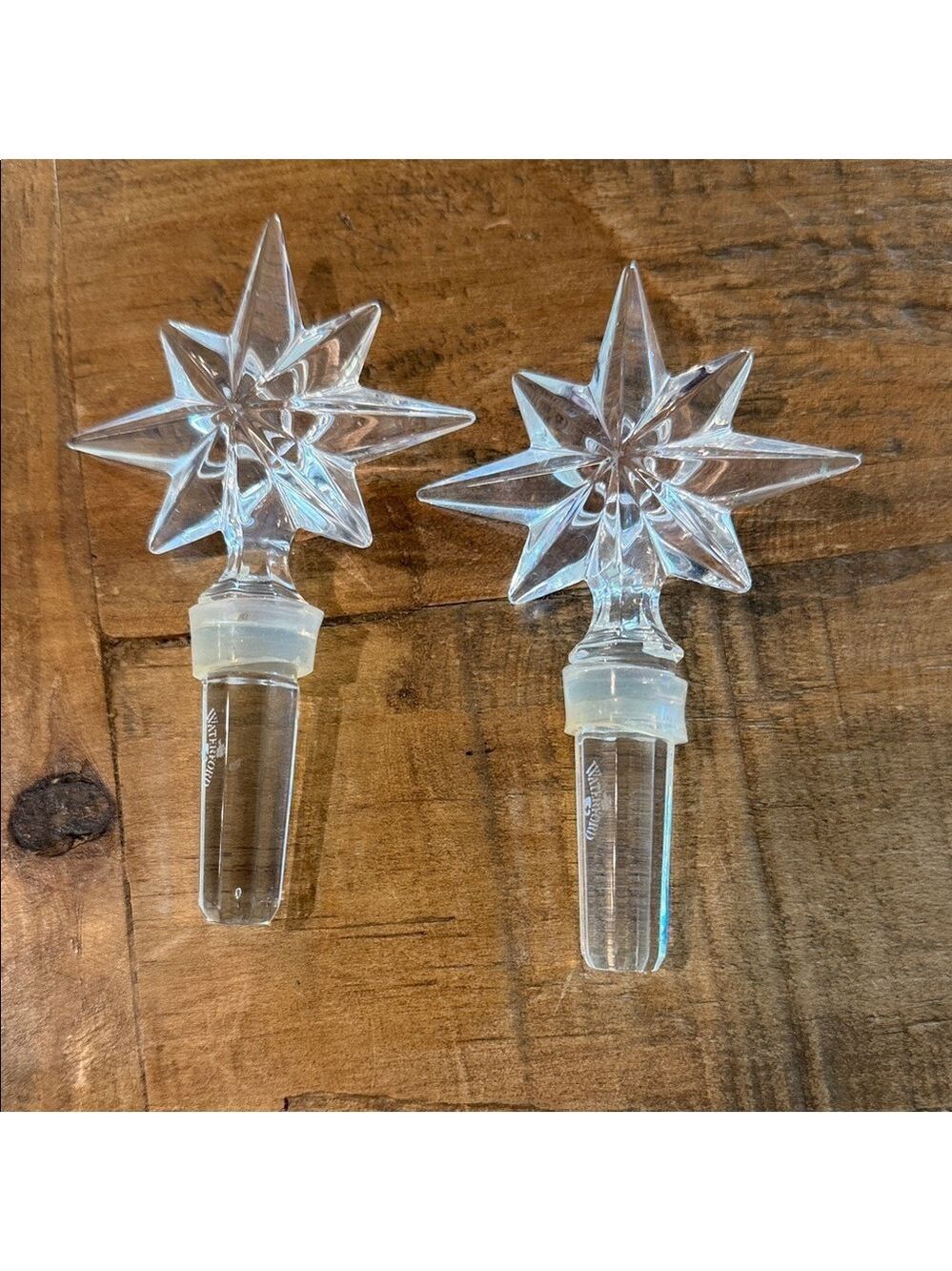 Waterford Crystle Pair of 2 Clear Star or Snowflake Wine Bottle Stoppers 4.5”
